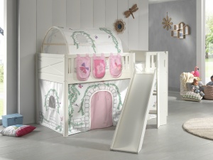 Set pat pentru copii SCOTT, alb, 90 x 200 cm, din pin scandinav și MDF, cu scară frontală, perdea de joacă BIRDY, tunel și buzunare de depozitare – Vipack - Img 1