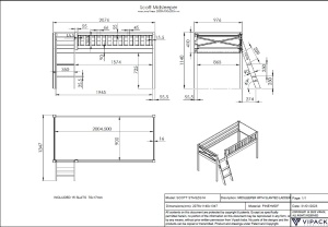 Set pat semi-supraetajat pentru copii SCOTT, alb, 90 x 200 cm, pin scandinav masiv, cu scară, birou glisant, bibliotecă, comodă cu 3 sertare și dulap cu 3 uși – Vipack - Img 3