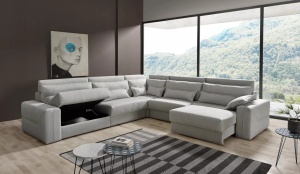 Canapea Ares 254 cm, extensibilă electric cu ladă, structură lemn de pin și MDF, brațe cu spațiu depozitare - Img 2