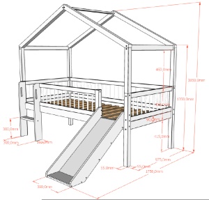 Pat Casă Înălțat Forrest Beech 90x200 cm, pentru Camera Copii, din Lemn de Fag Lăcuit Alb, cu Tobogan și Sertare – Vipack - Img 4