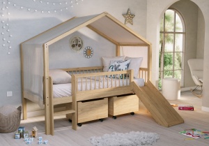 Pat Casă Înălțat Forrest Oak 90x200 cm, pentru Camera Copii, din Lemn de Stejar, Natur, cu Tobogan, Sertare și Set Textil – Vipack - Img 1