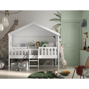 Pat Căsuță Housebed 90x200 cm cu Scară, pentru Copii, Alb – Vipack