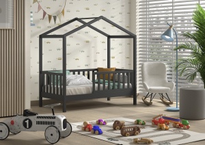 Pat Căsuță pentru Copii cu Protecție, Antracit, 70 x 140 cm, Pin Masiv – Dallas – Vipack - Img 2