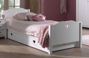 Pat Individual AMORI pentru Copii, 90x200 cm, Alb (Pin Masiv și MDF), Design Romantic, cu Sertar Multifuncțional – Vipack - Img 1