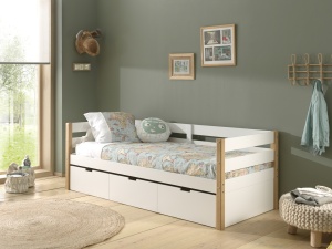 Pat pentru copii MARGRIT, 90 x 200 cm, alb cu tonuri naturale, cu pat trundle pentru dormit sau depozitare – Vipack - Img 8