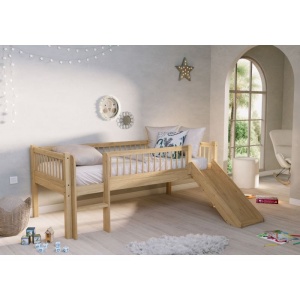 Pat Semi-Înălțat (Mid-Sleeper) cu Tobogan și Scară Forrest Oak pentru Camera Copii, 90x200 cm, din Lemn Masiv de Stejar, Natur – Vipack - Img 1