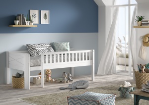 Pat semi-supraetajat pentru copii SCOTT, alb, 90 x 200 cm, din pin scandinav masiv, cu scară, opțional cu sertare pentru depozitare – Vipack - Img 1