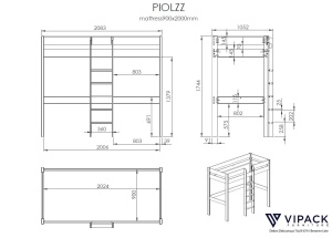Pat supraetajat pentru copii PINO, 90 x 200 cm, alb – fără saltea – Vipack - Img 3