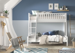Pat supraetajat pentru familie SCOTT, alb, 140 x 200 cm + 90 x 200 cm, din pin scandinav și MDF, cu somiere incluse – Vipack - Img 3