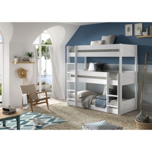 Pat supraetajat triplu pentru copii SCOTT, alb, 90 x 200 cm, din pin scandinav masiv, cu 3 spații de dormit – Vipack - Img 1