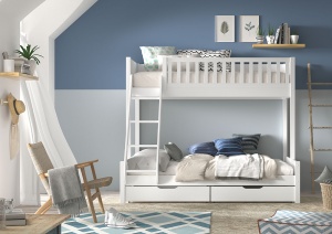 Pat suprapus familie pentru copii SCOTT, alb, 140 x 200 cm + 90 x 200 cm, din pin scandinav masiv, cu 2 sertare pentru depozitare – Vipack
