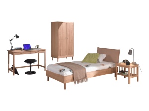 Set Complet Mobilier Camera Copii Forrest Oak, Pat 90x200 cm cu Tăblie Textilă, Dulap cu 2 Uși, Noptieră și Birou, din Lemn de Stejar, Natur – Vipack - Img 6