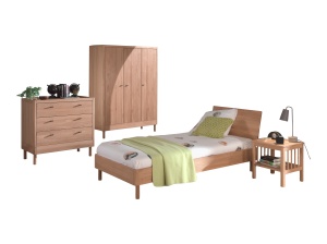 Set Complet Mobilier Camera Copii Forrest Oak, Pat 90x200 cm, Dulap cu 3 Uși, Noptieră și Comodă, din Lemn de Stejar, Natur – Vipack - Img 6
