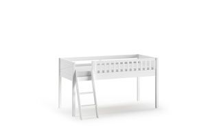 Set complet pat semi-supraetajat SCOTT pentru copii, alb, 90 x 200 cm, pin scandinav masiv, cu scară, 3 buzunare depozitare și perdea de joacă PRINCESS SOPHIE – Vipack - Img 5