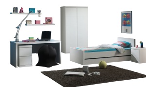 Set Mobilier Cameră Lara pentru Copii/Tineri, Pat 90x200 cm, Sertar Pat, Noptieră, Dulap 2 Uși, Birou, Trolley Birou și Polițe Perete, Alb – Vipack - Img 2