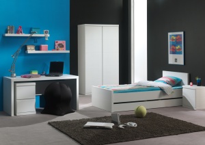 Set Mobilier Cameră Lara pentru Copii/Tineri, Pat 90x200 cm, Sertar Pat, Noptieră, Dulap 2 Uși, Birou, Trolley Birou și Polițe Perete, Alb – Vipack