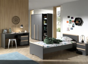 Set mobilier copii LONDON, pat 90x200 cm cu sertar pat suplimentar + noptieră 2 sertare soft-close + dulap 2 uși cu rafturi și bară + birou spațios + comodă cu rotile + bibliotecă 5 compartimente, antracit – Vipack - Img 1