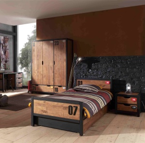 Set Mobilier pentru Cameră Copii ALEX, 5 Piese, Pat 90x200 cm, Pin Masiv și Metal Negru – Vipack - Img 1