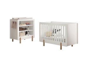 Set mobilier pentru copii SMILE, alb, pat 60 x 120 cm cu bare robuste și bază reglabilă, plus masă de schimbat cu trei rafturi deschise – Vipack - Img 2