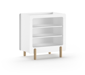Set mobilier pentru copii SMILE, alb, pat 60 x 120 cm cu bare robuste și bază reglabilă, plus masă de schimbat cu trei rafturi deschise – Vipack - Img 5