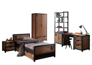Set Mobilier pentu Copii ALEX, 5 Piese, Pat 90x200 cm, Pin Masiv cu Metal Negru – Vipack - Img 2