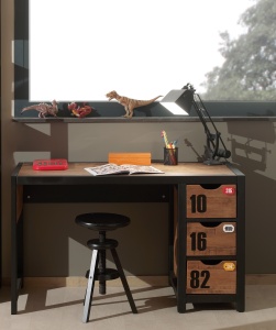 Set Mobilier pentu Copii ALEX, 5 Piese, Pat 90x200 cm, Pin Masiv cu Metal Negru – Vipack - Img 15