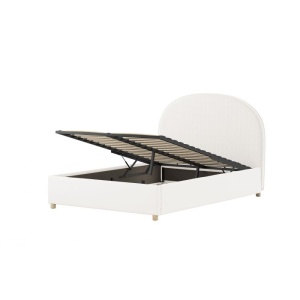 Set MOON: pat tapițat 140 x 200 cm alb cu țesătură bouclé și spațiu de depozitare + taburet alb multifuncțional – Vipack - Img 4