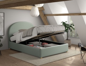 Set MOON: pat tapițat 90 x 200 cm verde cu țesătură bouclé și spațiu de depozitare + taburet verde multifuncțional – Vipack - Img 4