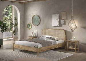 This OLIVE combination consists of a double bed (160 x 200 cm) with a rattan headboard and two bedside tables with rattan. - Img 2
