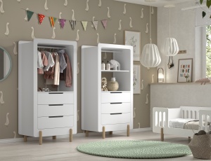 Dulap pentru copii SMILE, alb, cu 3 sertare și bară pentru haine, picioare rotunde din lemn natural – Vipack - Img 5