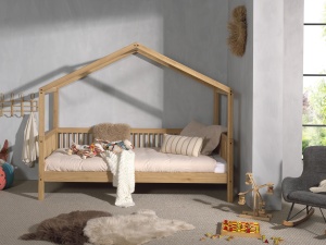 Pat Căsuță Forrest Oak pentru Camera Copii, 90x200 cm, cu Set Textil Inclus, din Lemn Masiv de Stejar, Natur – Vipack - Img 9