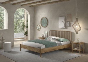 Pat dublu OLIVE, 160 x 200 cm, cu tăblie cu lamele rotunjite și aspect lemn de stejar, design modern, fără somieră inclusă, cu noptieră cu două rafturi deschise – Vipack