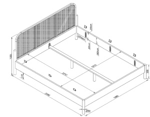 Pat dublu OLIVE, 180 x 200 cm, cu tăblie rotunjită din rattan și aspect lemn de stejar, design modern, fără somieră inclusă, cu noptieră cu două rafturi deschise – Vipack - Img 3