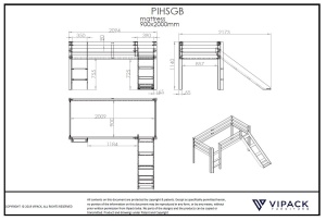 Pat înălțat copii VIPACK Pino cu tobogan, 90 x 200 cm, alb, înălțime 115 cm - Img 3
