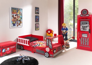 Pat Mașină de Pompieri pentru Copii, 70x140 cm, Roșu (MDF), cu Lumini LED – Vipack - Img 1