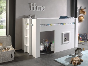 Pat median pentru copii NOAH, alb, 90 x 200 cm, MDF lăcuit, spațiu multifuncțional sub pat, scară și fereastră montabile pe stânga sau dreapta – Vipack - Img 1