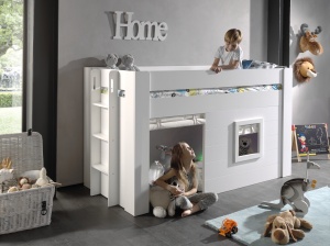 Pat median pentru copii NOAH, alb, 90 x 200 cm, MDF lăcuit, spațiu multifuncțional sub pat, scară și fereastră montabile pe stânga sau dreapta – Vipack - Img 5