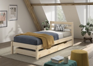 Pat single pentru copii 90 x 200 cm, finisaj natural din colecția PINO, cu somieră cu lamele rulabile și set de 2 sertare pentru depozitare – Vipack