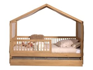 Set Complet: Pat Căsuță Forrest Oak pentru Camera Copii, 90x200 cm, cu Sertar Pat, Barieră de Siguranță Suplimentară și Set Textil, din Lemn Masiv de Stejar, Natur – Vipack - Img 6