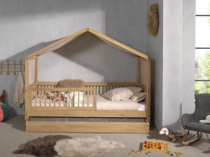 Set Complet: Pat Căsuță Forrest Oak pentru Camera Copii, 90x200 cm, cu Sertar Pat, Barieră de Siguranță Suplimentară și Set Textil, din Lemn Masiv de Stejar, Natur – Vipack - Img 2