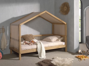 Set Complet: Pat Căsuță Forrest Oak pentru Camera Copii, 90x200 cm, cu Sertar Pat și Set Textil, din Lemn Masiv de Stejar, Natur – Vipack - Img 3