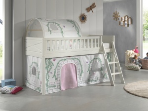 Set complet pat semi-supraetajat SCOTT pentru copii, alb, 90 x 200 cm, din pin scandinav masiv, cu scară, sertare + 3 buzunare depozitare + perdea de joacă BIRDY – Vipack - Img 1