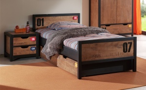 Set Mobilier Cameră Copii ALEX, 5 Piese, Pat 90x200 cm, Pin Masiv și Metal Negru – Vipack - Img 1