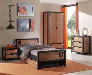 Set Mobilier Cameră Copii ALEX, 5 Piese, Pat 90x200 cm, Somieră Inclusă, Pin Masiv și Metal Negru – Vipack - Img 1