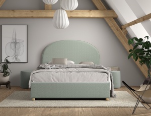 Set MOON: pat tapițat 90 x 200 cm verde cu țesătură bouclé și spațiu de depozitare + taburet verde multifuncțional – Vipack - Img 5