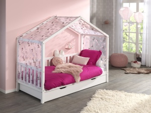 Set Pat Căsuță, cu Protecție, Sertar și Perdea Fluturi, Alb, 90 x 200 cm, Pin Masiv – Dallas – Vipack