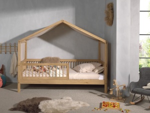 Set Pat Căsuță Forrest Oak pentru Camera Copii, 90x200 cm, cu Barieră Suplimentară și Set Textil, din Lemn Masiv de Stejar, Natur – Vipack - Img 2
