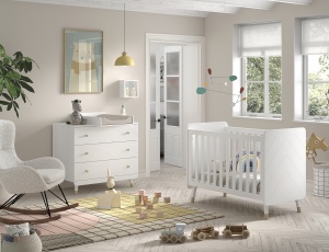 Set Pătuț, Comodă și Masă de Înfășat pentru Bebeluși, 3 Piese, Alb Satinat (MDF) – Billy – Vipack