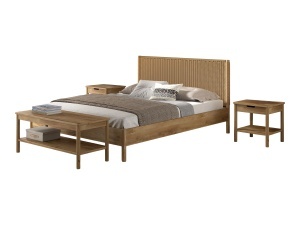 This OLIVE combination consists of a double bed (160 x 200 cm) with a woven rope headboard, two bedside tables with drawer and a bench.