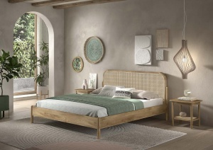 This OLIVE combination consists of a double bed (180 x 200 cm) with a rattan headboard and two bedside tables with rattan. - Img 2